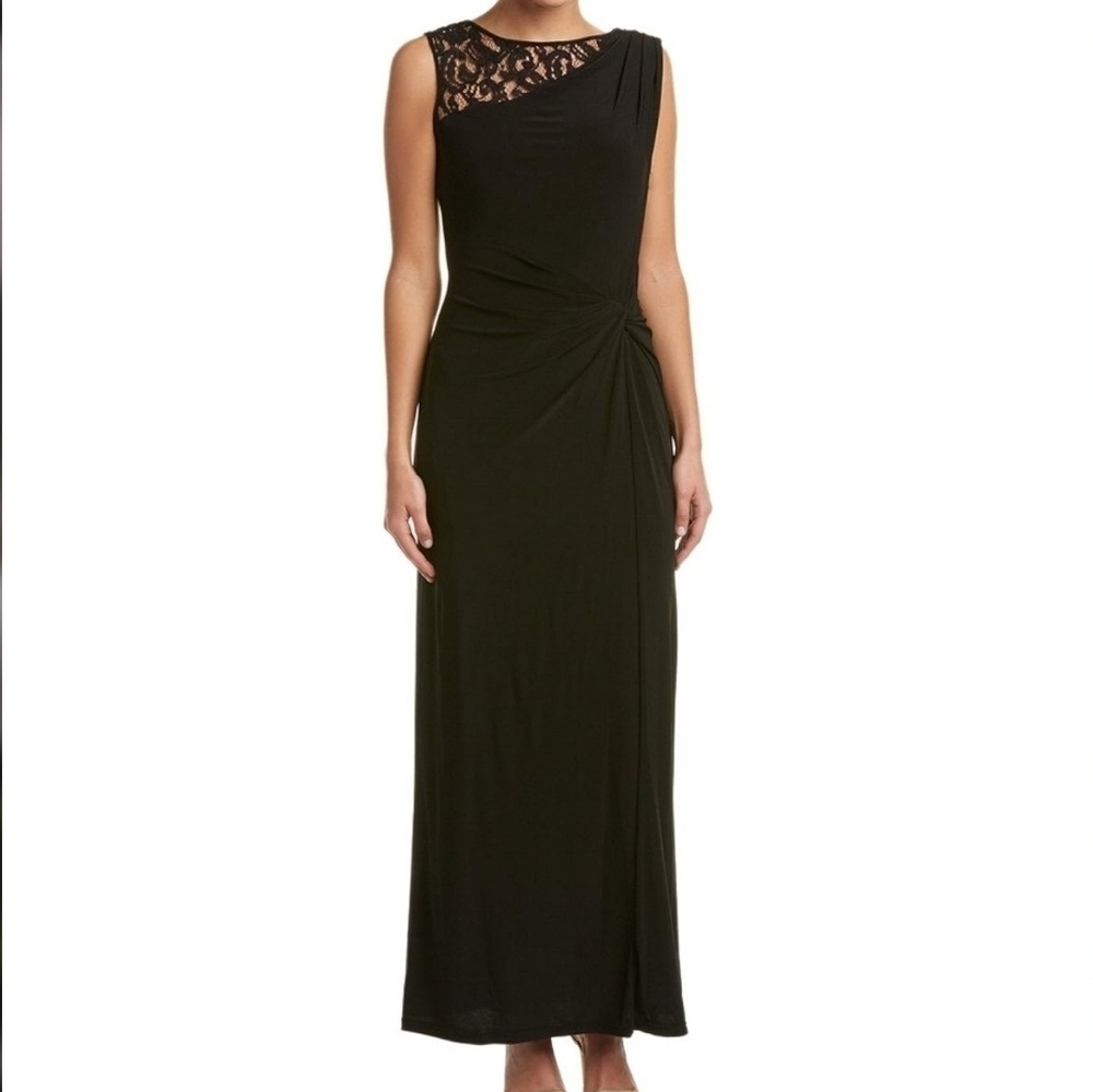 Ellen Tracy Women's Black Lace Insert Side Knot Gown Sz 12